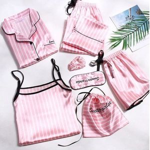 Roze Vrouwen 7 Stuks Pyjama Sets Emulatie Zijde Gestreepte Pyjama Vrouwen Nachtkleding Sets Lente Zomer Herfst Homewear