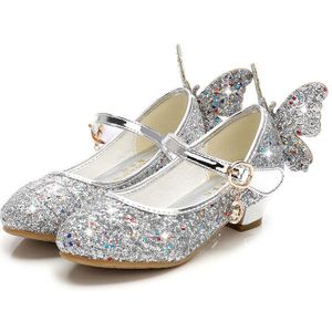 1 Paar 3Cm Hoge Hakken Meisje Lederen Schoenen Kristallen Schoenen Met Vlinder Mode Kid 'S Schoenen Pailletten Decoratie