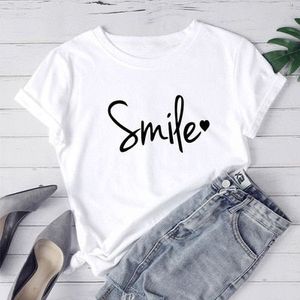 Eenvoudige Stijl Glimlach Brief Print T Shirt Vrouwen Korte Mouw O Hals Losse T-shirt Dames Tee Shirt Tops Kleding Camisetas mujer