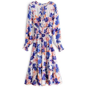 Boho Geïnspireerd Blauwe Bloemen Lange Boho Jurk V-hals Tassle Lange Mouw Herfst Jurk Rayon Casual Elastische Taille Vrouwen Jurk