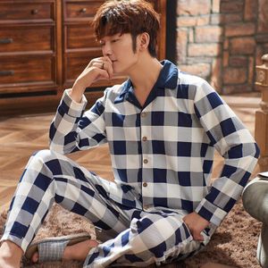 100% Katoen Mannen Herfst & Winter Lange Mouwen Broek Pyjama Pak Wit Plaid Flanel Nachtkleding Fluwelen Zachte kleding Set