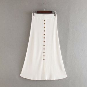 Vrouwen Mode Effen Kleur Enkele Breasted Decoratie Breien Midi Rok Faldas Mujer Dames Casual Slim Een Lijn Rokken QUN637