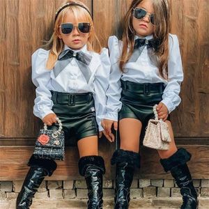 1-6Y Mode Kinderen Meisjes Kleding Sets Peuter Kids Meisjes Lace Bowtie Blouse Shirts Tops + Pu Lederen Shorts Trainingspakken Outfits