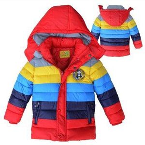 Winter Warm Houden Jongens Jas Lange Stijl Kleur Streep Dikke Jas Voor Kinderen Kinderen Hooded Bovenkleding Kleding