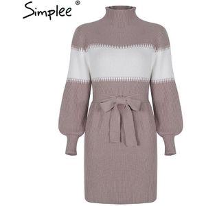 Simplee Mode Streep Gebreide Jurk Lace Up Gezellig Hoge Hals Uitlopende Mouwen Jurk Herfst Warm Casual Korte Vrouwen Jurk