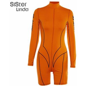 Sisterlinda Vrouwelijke Gestreepte Brief Afdrukken Rits Coltrui Skinny Lange Mouwen Korte Jumpsuit Motorfiets Fietsen Sportkleding Mujer