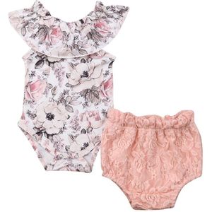 Emmababy Kids Baby Meisjes Outfits Kleding Ruffle Bloemen Romper Kant Shorts 2 Stuks Zomer Meisje Sets Mouwloos Bodysuit 0- 24M