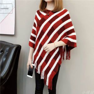 Vrouwen Lente Winter Warme Jas Gestreepte Kwastje Sjaals Poncho Capes Gebreide Katoenen Sjaal Trui Jas Zwart Rood