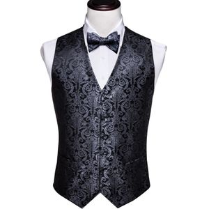 Mannen Zijden Pak Vest Zwart Paisley Vest Bowtie Zakdoek Manchetknopen Set Huwelijkscadeau Zakelijke Formele Ml-2003 Dobby