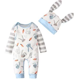 Pasen Peuter Jongens Gestreepte Patchwork Jumpsuit Lange/Korte Mouw Konijn Print Romper + Cartoon Hoed