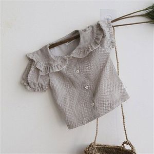 Korea Baby Zomer Katoen Korte Mouwen Shirt Baby Leuke Dame Bladerdeeg Mouw Blouse Meisjes Blouses