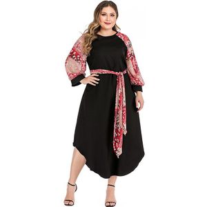 Vrouwen Jurk Plus Size Mode Zomer Bloemenprint Lantaarn Mouw Patchwork Maxi Lange Jurk Zwarte Dames Onregelmatige Jurken