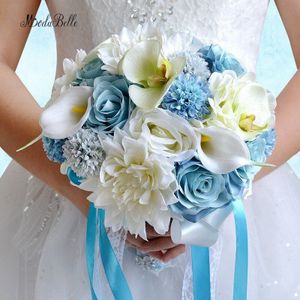 Romantische Blauw Rozen Strand Bruiloft Bloemen Boeketten Bruids Broche Boeketten De Mariage Kunstmatige Calla Bruidsboeket Voor Bruiden