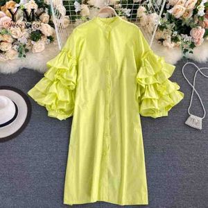 Yuoomuoo Ins Verstoorde Lange Puff Mouwen Vrouwen Jurk Herfst Elegante Single-Breasted Shirt Jurk Casual Vrouwen Groene Jurk