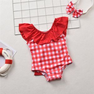 Peuter Baby Meisje Kinderen Plaid Zomer Een Stuk Bikini Badmode Ruches Boog Backless Badpak Beachwear Met Hoofdband