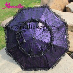 Gothic Lolita Stijl Party Paraplu Prinses Kant Paraplu Punk Paars Lederen Paraplu met Zwart Kant Paraplu