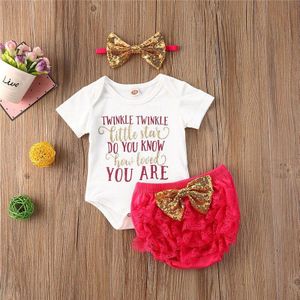 Pudcoco Pasgeboren Baby Meisje Kleding Korte Mouw Letter Print Romper Tops Kant Ruche Korte Broek Hoofdband 3Pcs Outfits Zomer set