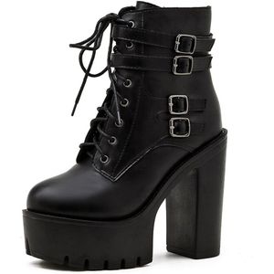 Bonjomarisa Aankomst Vrouwelijke Laarzen Balck Lace Up Rits Platform Enkellaars Vrouwen Vierkante Hoge Hak Cool Fshion Schoenen Vrouw