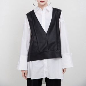 [Eam] Vrouwen Loose Fit Zwarte Pu Leather Big Size Temperament Vest V-Kraag Mouwloze Mode Tij lente Herfst 1M940