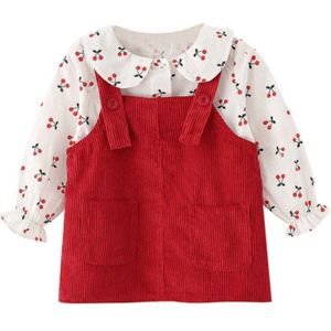 Baby Meisjes Toevallige Mouwloze Pocket Retro Corduroy Jurk + Pop Kraag Cartoon Cherry Print Lange Mouwen T-shirt Herfst