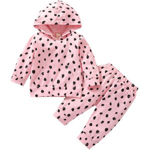 Baby Meisjes Tweedelige Kleding Set, Golf Punten Gedrukt Patroon Hooded Top + Lange Elastische Taille Broek, wit/Roze