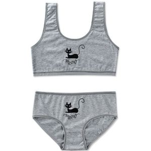 Tieners Jonge Meisjes 2 Stuks Ondergoed Set Leuke Zwarte Kat Afdrukken Brede Band Training Beha Gestreepte Vest Top En Bijpassende slipje Sport U