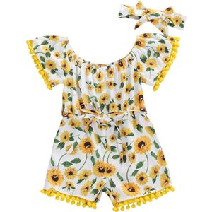 Emmababy Pasgeboren Peuter Baby Meisjes Jumpsuit Met Hoofdband Gele Zonnebloem Print Ronde Hals Korte Mouw Romper Kids Sets