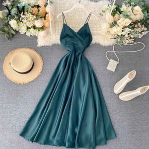 YuooMuoo Smooth Green V-neck Maxi Summer Women Dress Bandage Long Spaghetti Strap Backless Party Dress Outfits Sundress
