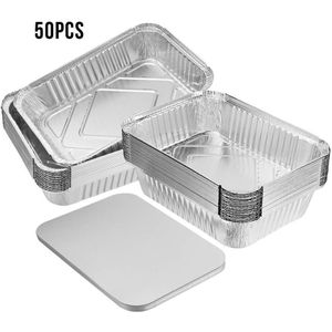 50 Stuks Wegwerp Bbq Aluminiumfolie Lunchbox Vet Drip Pannen Grill Catch Tray Met Deksel Keuken Benodigdheden
