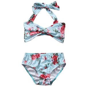 Baby Meisje Blauw Bloemen Gedrukt Halter Bikini Set Baby Peuter Kinderen Zomer Strand Twee Stukken Badpak Badmode Badpak