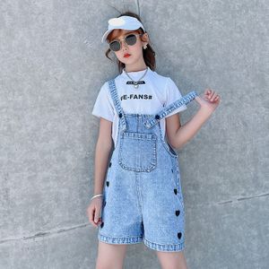 Tieners Meisje Zomer Overalls Jeans Shorts Liefde Print Jumpsuit Mode Gewassen Jeans Denim Riemen Shorts Broek Cowboy Lichtblauw