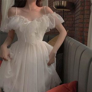 Zoete Witte Hemdje Jurk Strik Franse Retro Zoete Lolita Jurk Vintage Fee Jurk Mesh Jurk Midi Jurk Vestidos