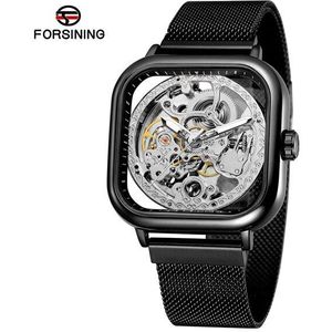 Forsining Mannen Automatische Horloge Vierkante Slanke Roestvrijstalen Gaas Band Mechanische Skeleton Horloge Klok