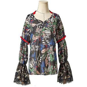 Artka Lente Zomer Blouse Vrouwen Vintage Print Flare Mouw Chiffon Overhemd V-hals Losse Elegante Kant Shirts SA25108C