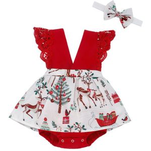 Kerst Baby Baby Meisje Kleding Kant Romper Jurk + Hoofdband Outfits