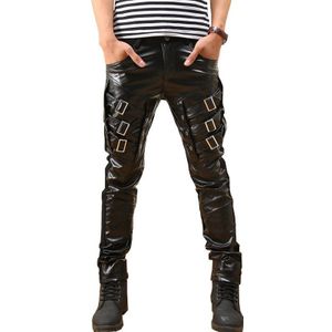 MORUANCLE Mens Koreaanse Gothic Punk Faux Lederen Broek Patchwork PU Gespen Hiphop Applique Zwart Lederen Broek Mannelijke