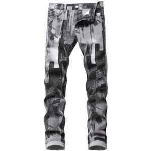 Herenmode Grijs Patroon Gedrukt Jeans Slanke Traight Stretch Denim Broek