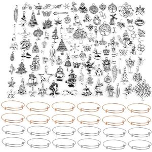 20PCS Expandable Verstelbare DIY Blank Bangle Armband + 100 STUKS Kerst Bedels voor Meisjes Vrouwen Sieraden Maken Gereedschap Goud + zilver