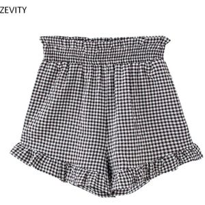 Zevity Vrouwen Vintage Agaric Kant Ruches Plaid Print Shorts Dames Chic Elastische Taille Shorts Pantalone Cortos P830