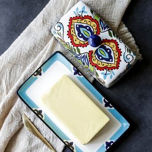 Behogar Botervloot Vintage Bloemen Stijl Keramische Kaas Dessert Dienblad Plaat Doos Houder Deksel Voor Keuken Accessoire
