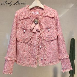 Runway Herfst Winter Kwastje Vrouwelijke Tweed Jas Lange Mouw Elegante Losse Mode Vrouwen Tops met parel knop