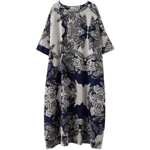 Dimanaf Plus Size Jurk Vrouwen Kleding Vintage Chinese Stijl Katoen Bloemenprint Lady Vestidos Losse Oversized 5XL 6XL