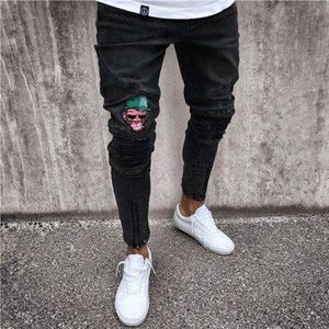 Skinny Mens Ripped Jeans Slim fit Stretch Verzwakte Geborduurde Patronen Hip-Hop Streetwear Katoen Mannen Biker Jeans