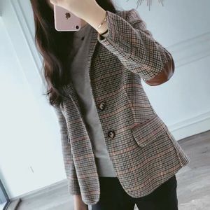 Vangull Britse Stijl Slanke Vrouwen Plaid Blazers Patch Elleboog Patchwork Vrouwen Klassieke Pak Jas Formele Lady Single Breasted Uitloper