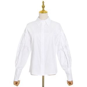 Twotwinstyle Wit Splicing Veer Blouse Voor Vrouwelijke Revers Lantaarn Mouw Casual Vrouwen Shirt Herfst Kleding Mode