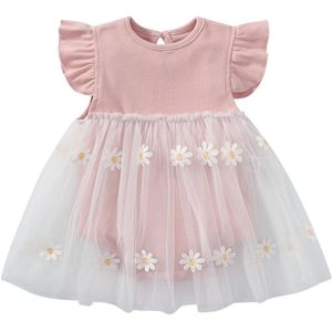 Baby Meisjes Romper Jurk Outfit Set Bloemenprint Ruffle Korte Mouw Jumpsuits Tulle Patchwork Zomer Rompertjes