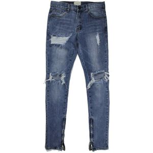 Justin Bieber Mannen Fancy Broek Jumpsuit Urban Hip Hop Punk Moto Rcycle Moto Blauw Verontruste Enkel Rits Skinny Ripped Jeans