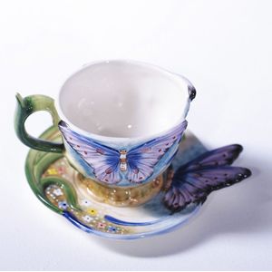 3D Bone China Blauwe Vlinder Koffiekopje Met Schotel Thee Cup Keramische Cup Ontbijt Melk Cups Beste voor Liefhebbers