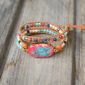 Boho Lederen Armband Blue & Roze Steen 3 Wrap Armband Stone Armband Verstelbare