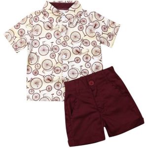 Zomer 2 stuks Baby Jongens Kleding Set Bruin Fiets Print Shirt Tops Wijn Rode Broek Outfits voor Kinderen Jongens 1-6 jaar
